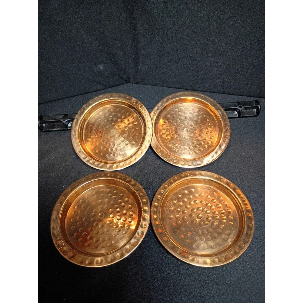 Set of 4 Hammered Copper Coasters Round Rustic Barware Cocktail Drink